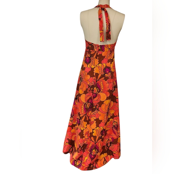 Vintage 1960s 1970s Neon Barkcloth? Halter Maxi Dress Summer Floral 10 M - Picture 8 of 16